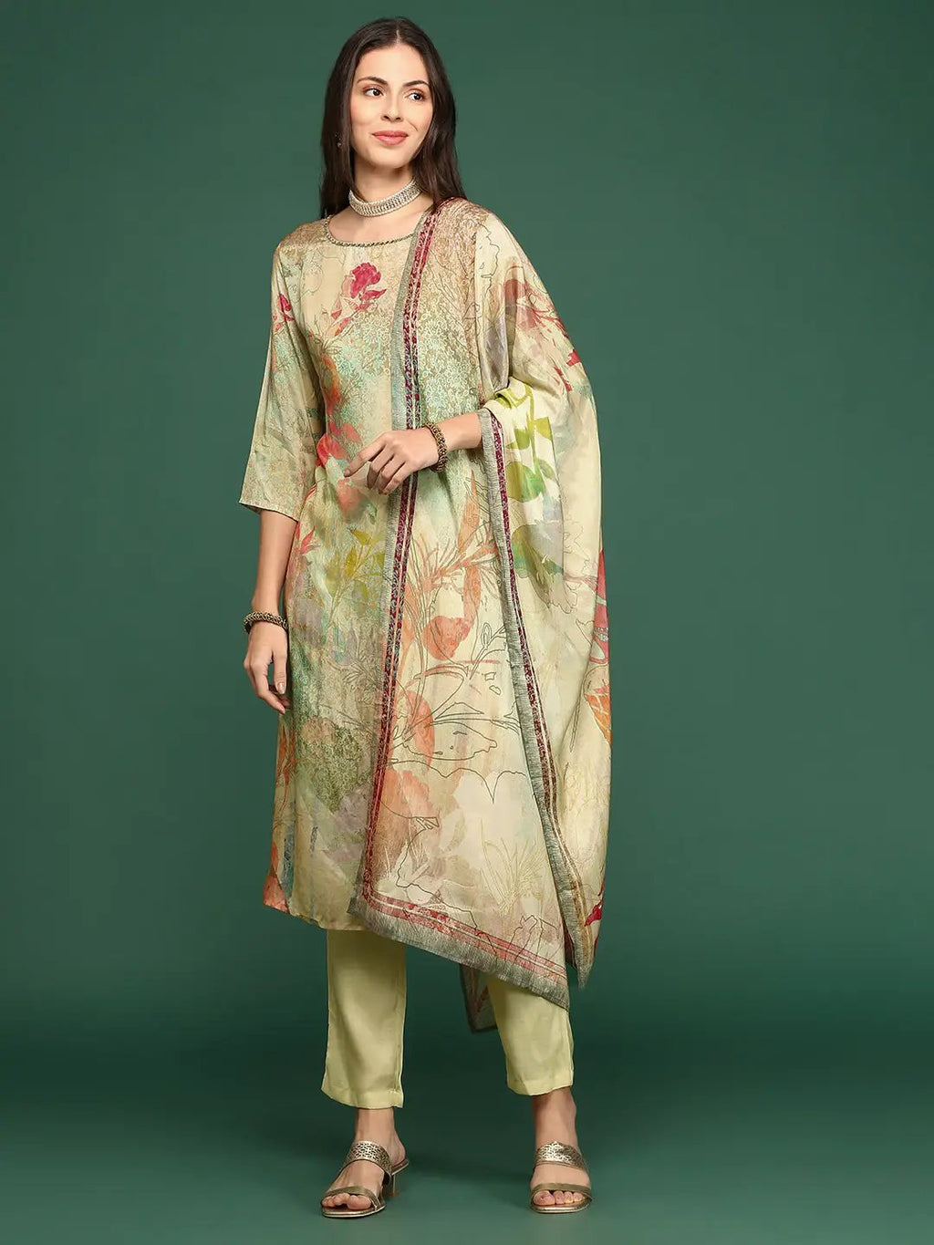 Women's Floral Sea Green Straight Kurta Set with Dupatta