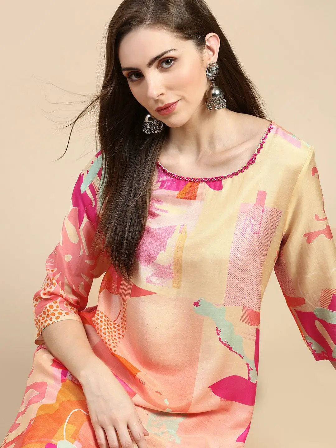 Women's Abstract Peach A-Line Kurta Set