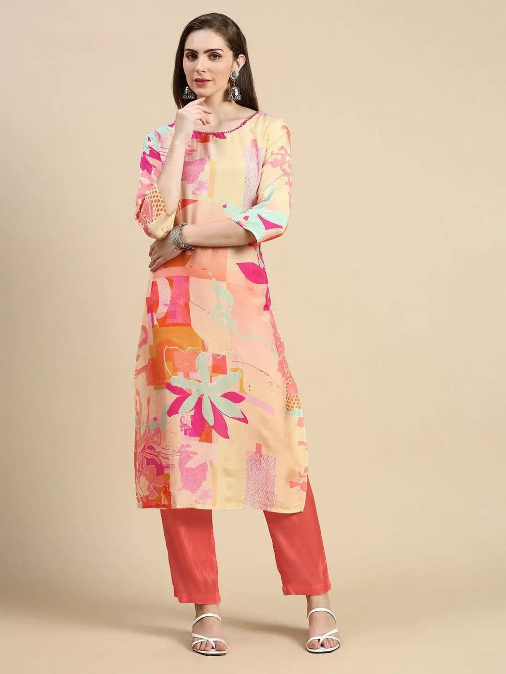 Women's Abstract Peach A-Line Kurta Set