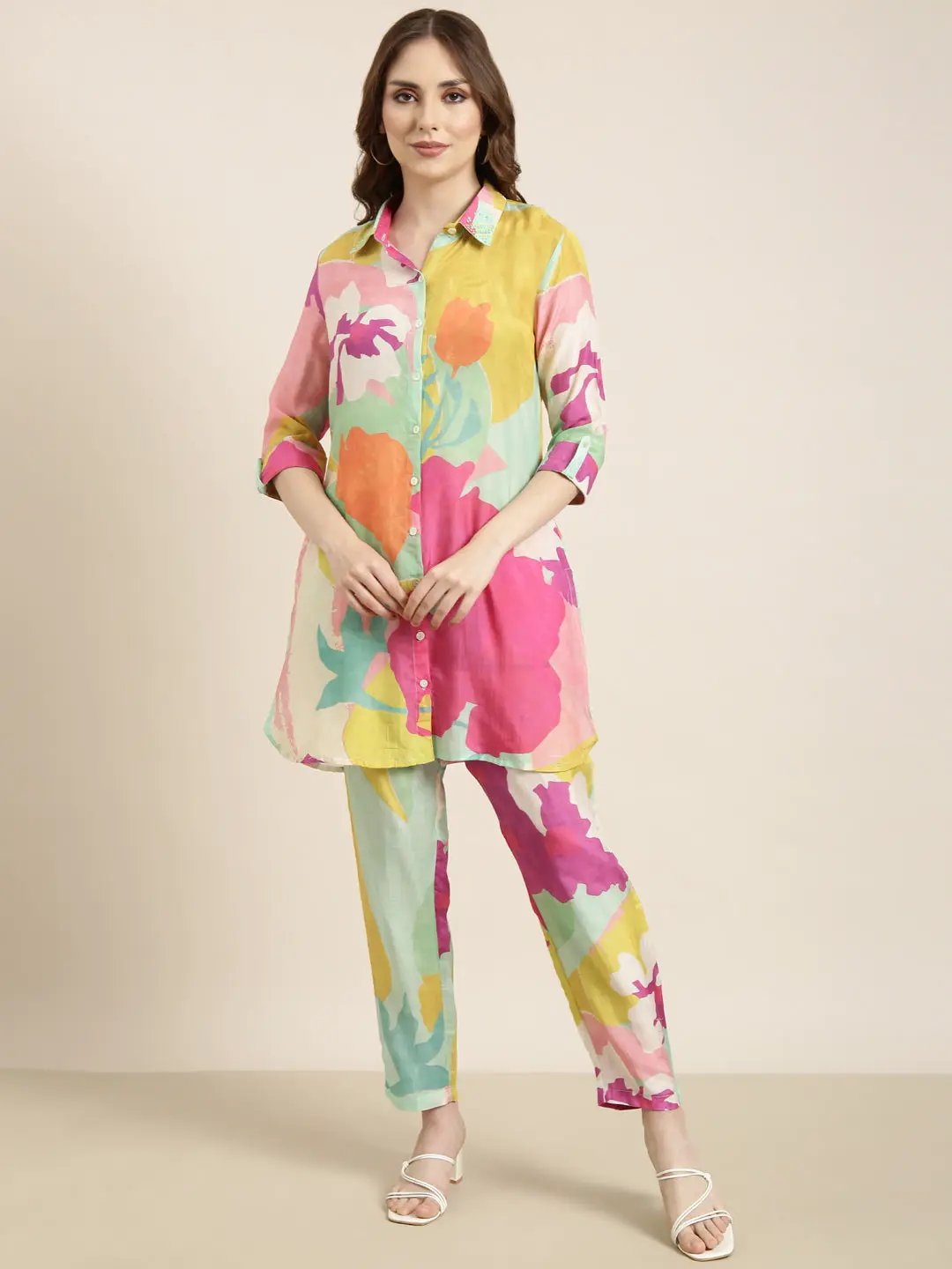 Women's Green Floral Printed Beaded Kurta Set