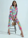 Women's Abstract Printed Blue Co-ords Set with Embellished Collar