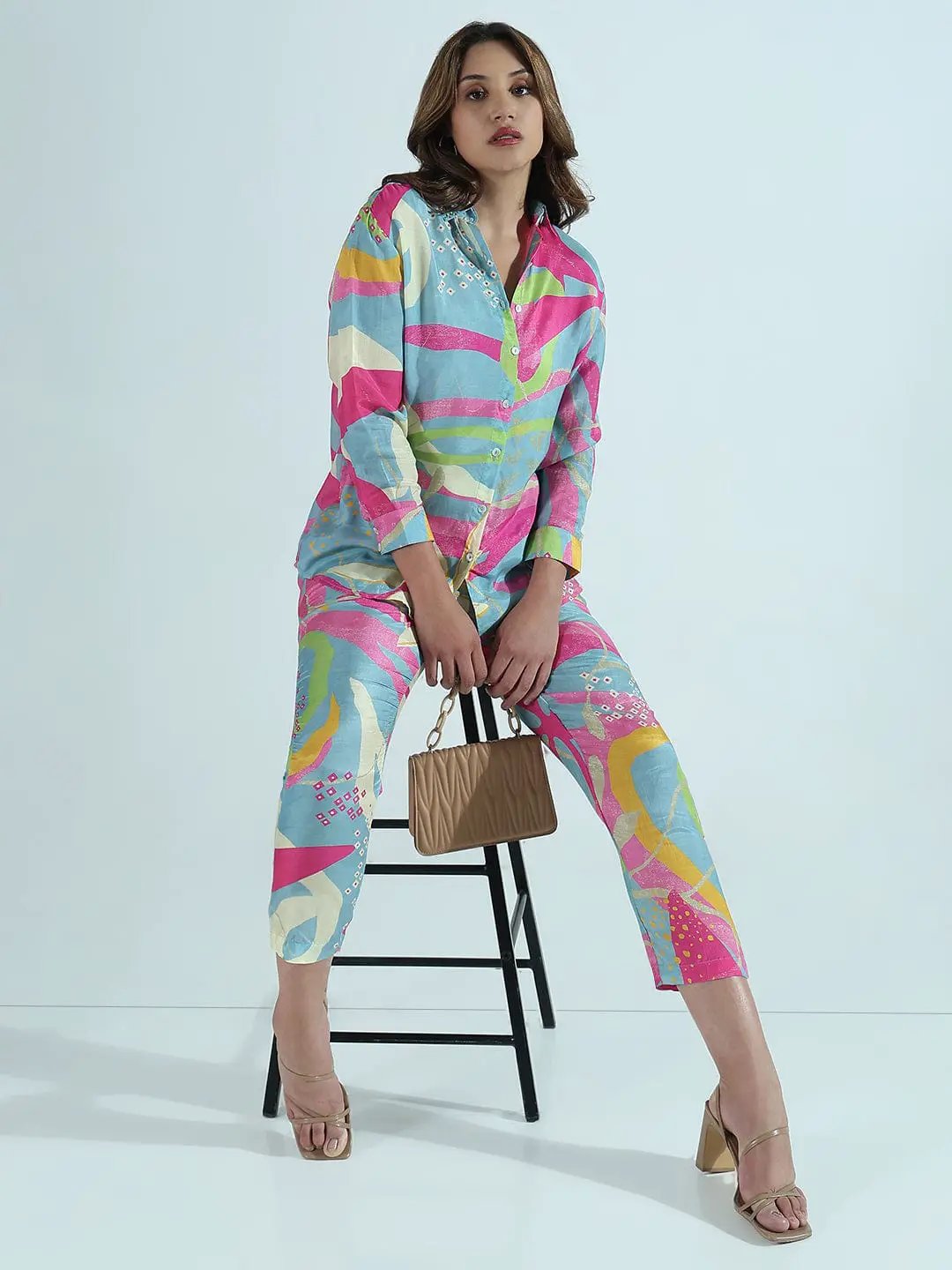Women's Abstract Printed Blue Co-ords Set with Embellished Collar
