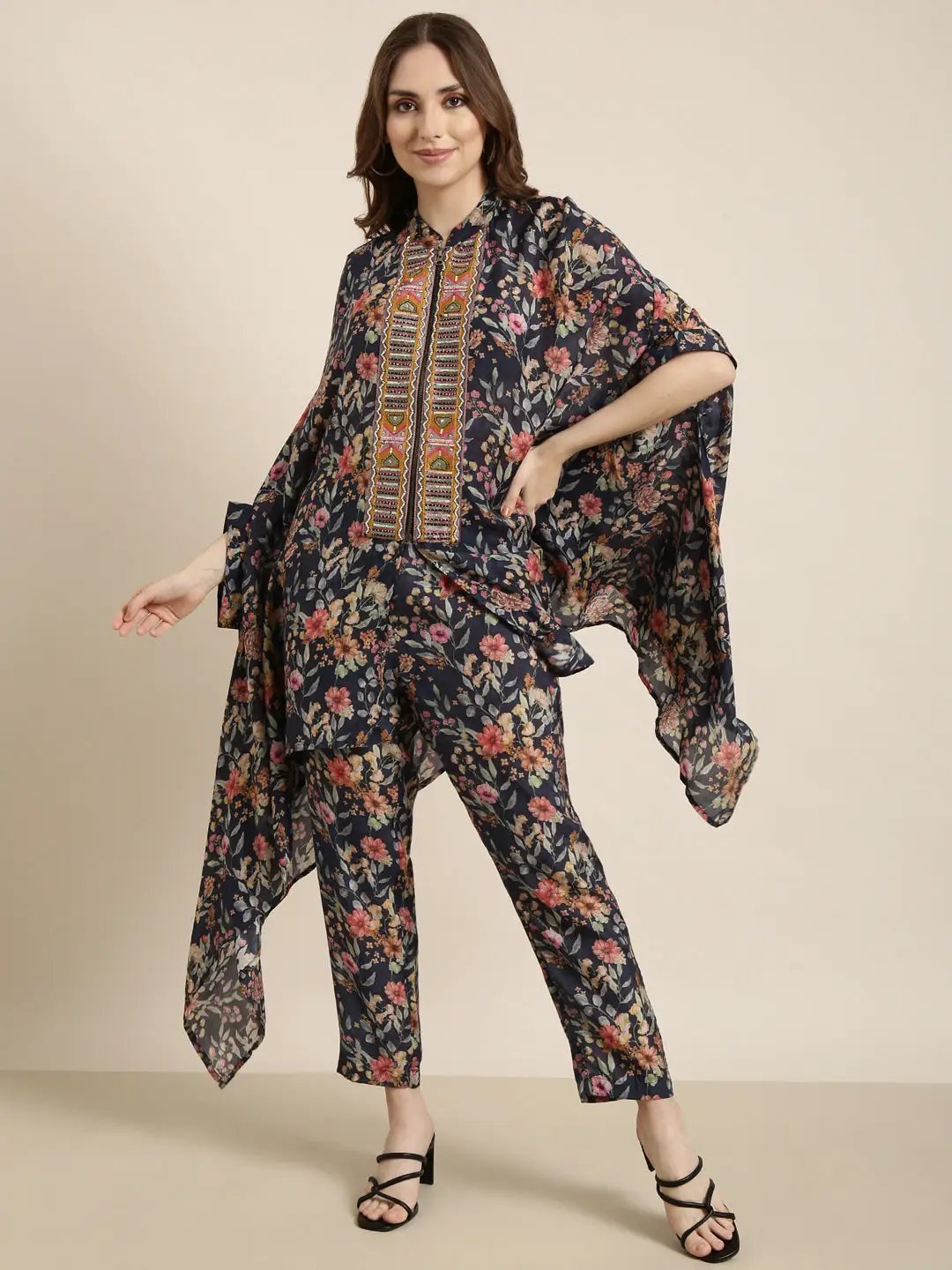 Women's Blue Floral Printed Kaftan Kurta Set