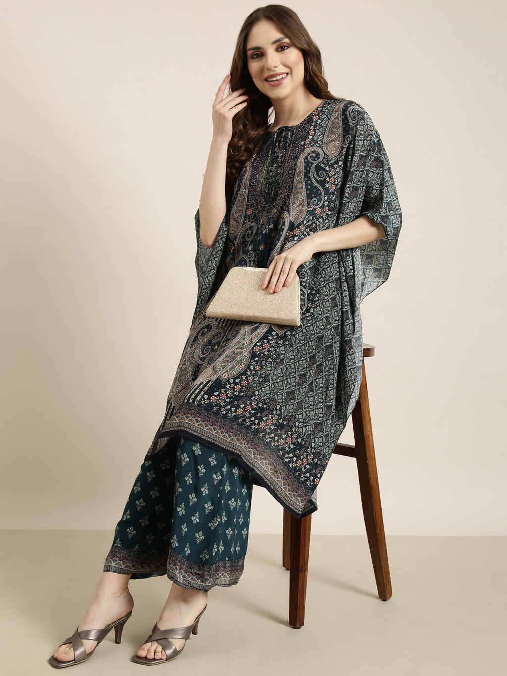 Women's Teal Paisley Printed Kaftan Tunic & Trousers Set