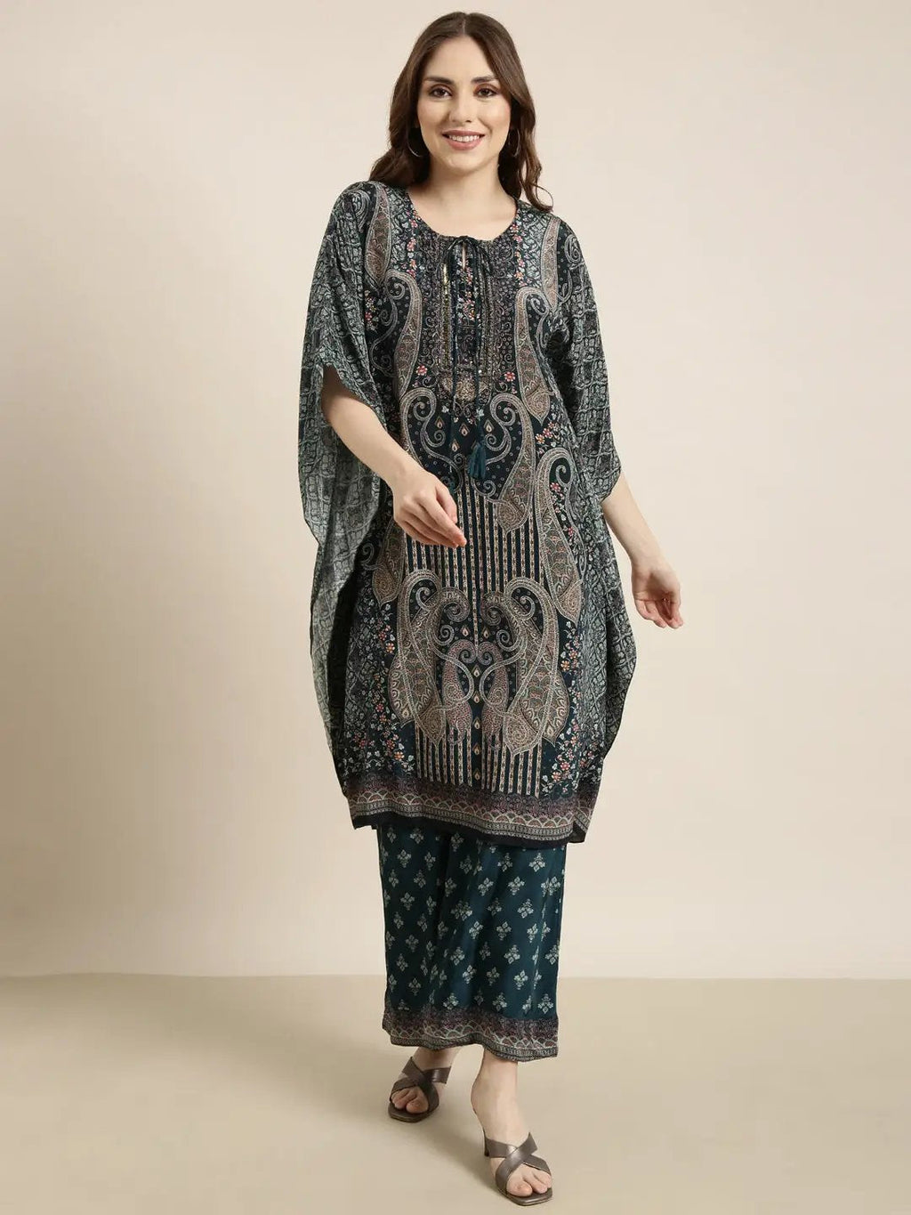 Women's Teal Paisley Printed Kaftan Tunic & Trousers Set