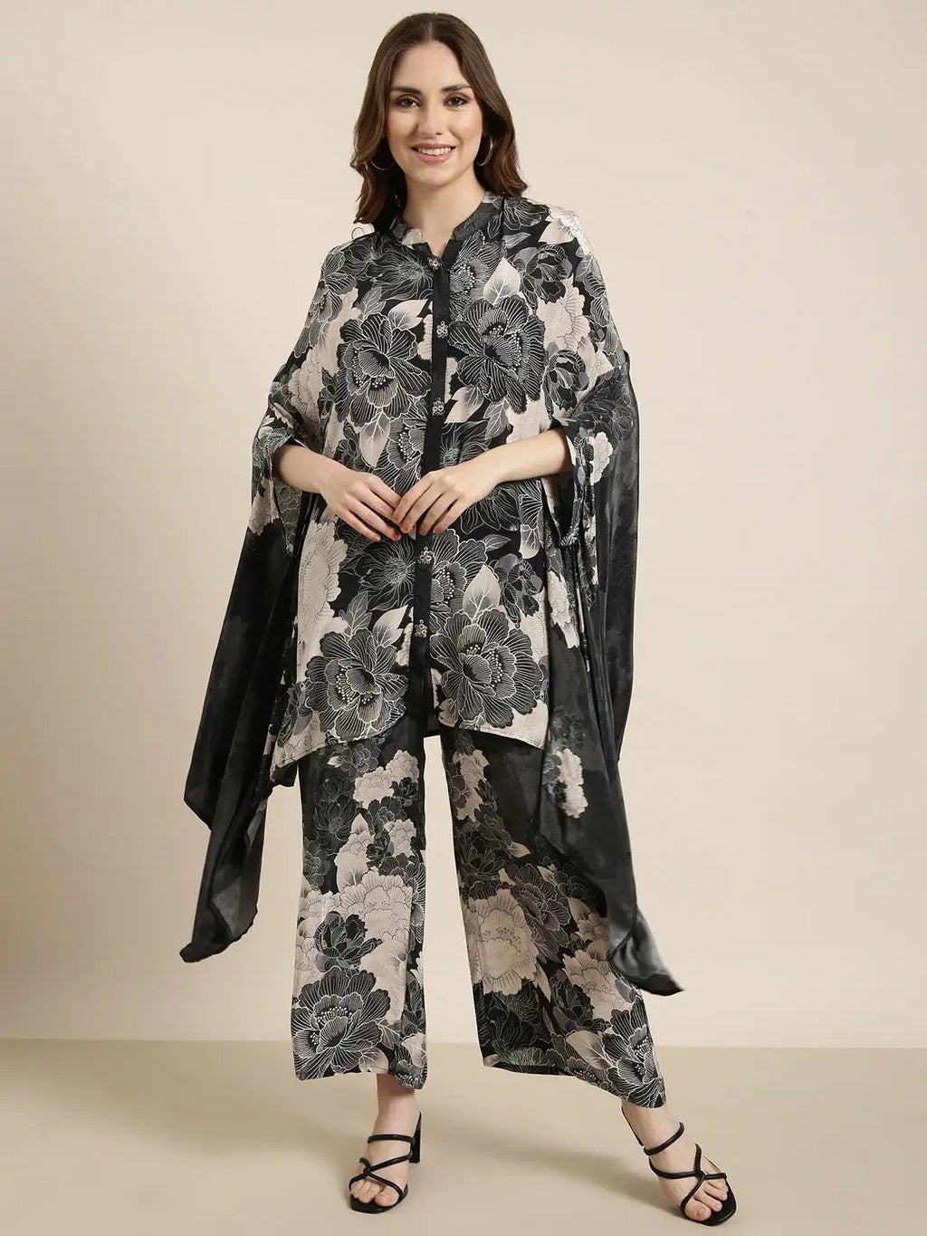Women's Charcoal Floral Printed Mandarin Collar Co-ords Set