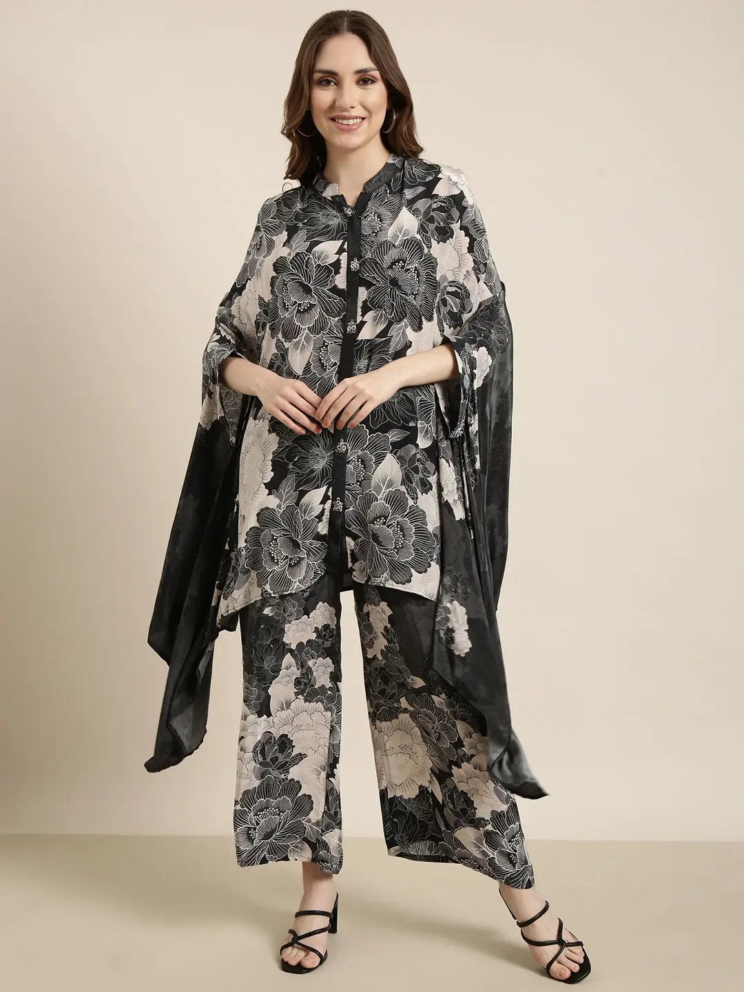 Women's Charcoal Floral Printed Mandarin Collar Co-ords Set
