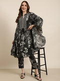 Women's Kaftan Charcoal Ethnic Motifs Kurta Sets With Trousers