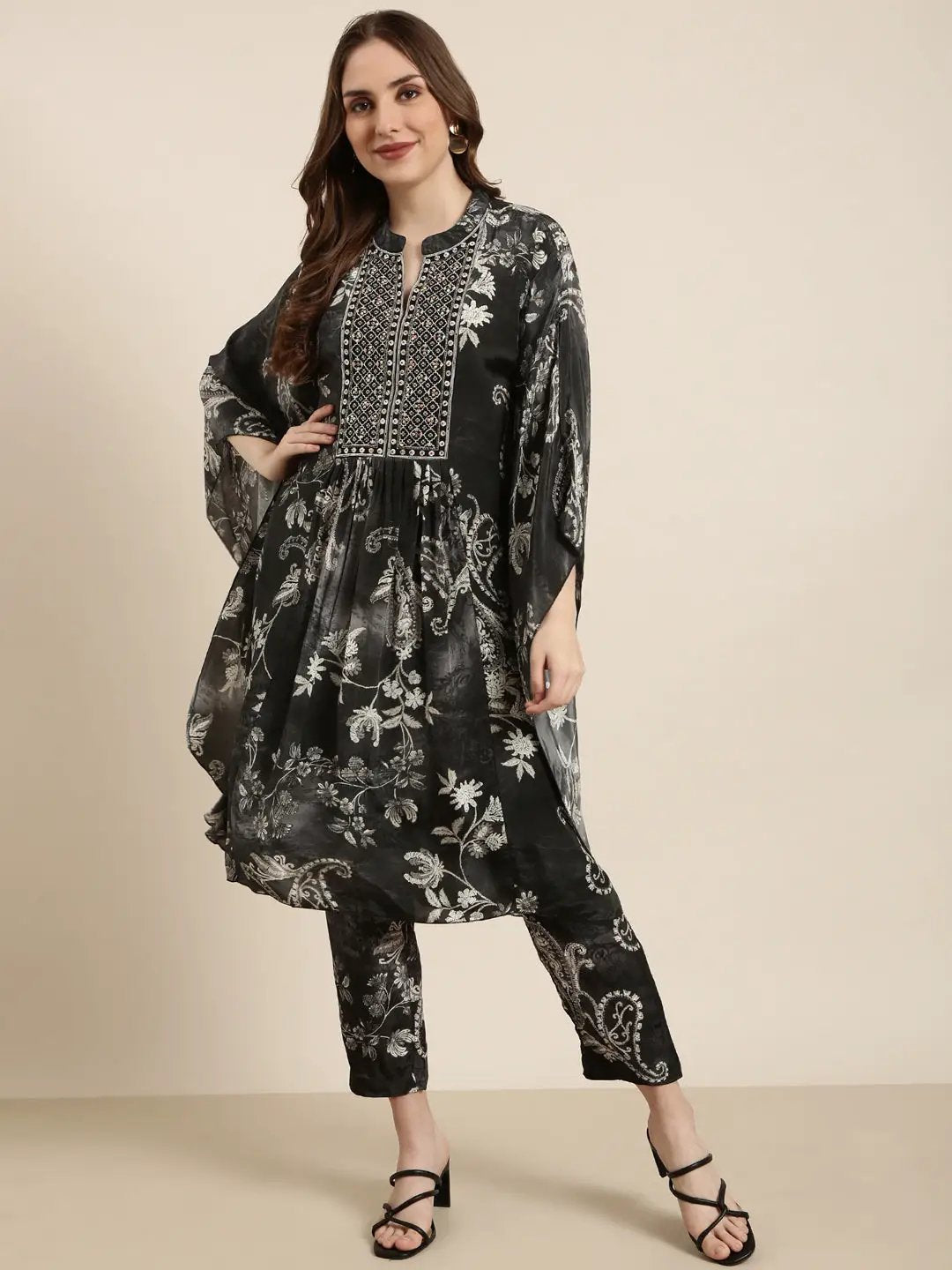 Women's Kaftan Charcoal Ethnic Motifs Kurta Sets With Trousers