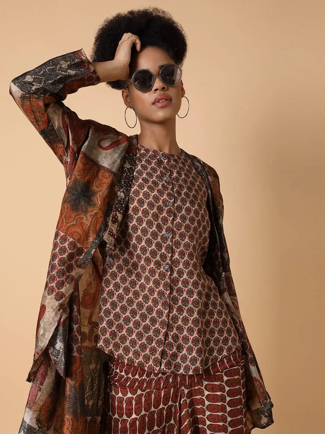 Women's Printed Round Neck Brown Co-Ords Set