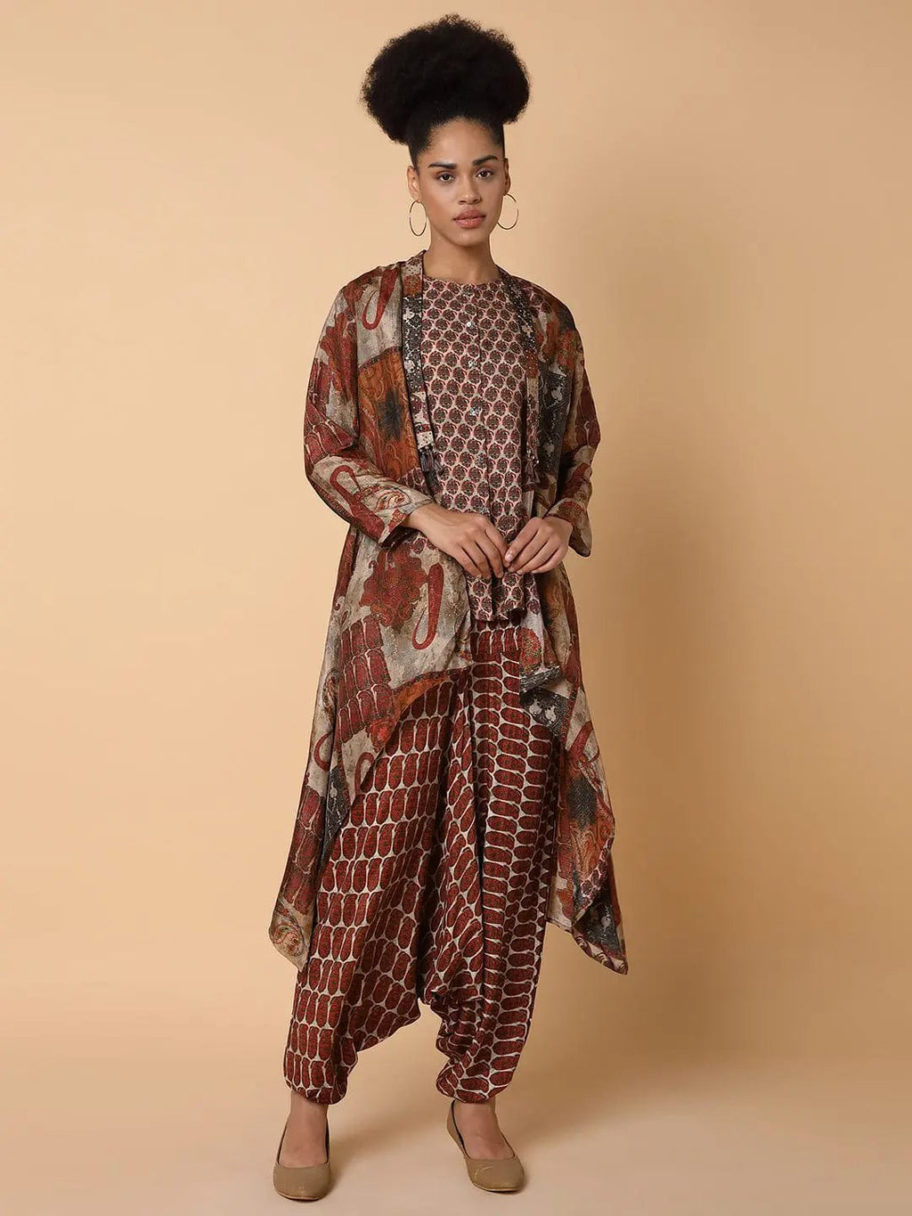 Women's Printed Round Neck Brown Co-Ords Set