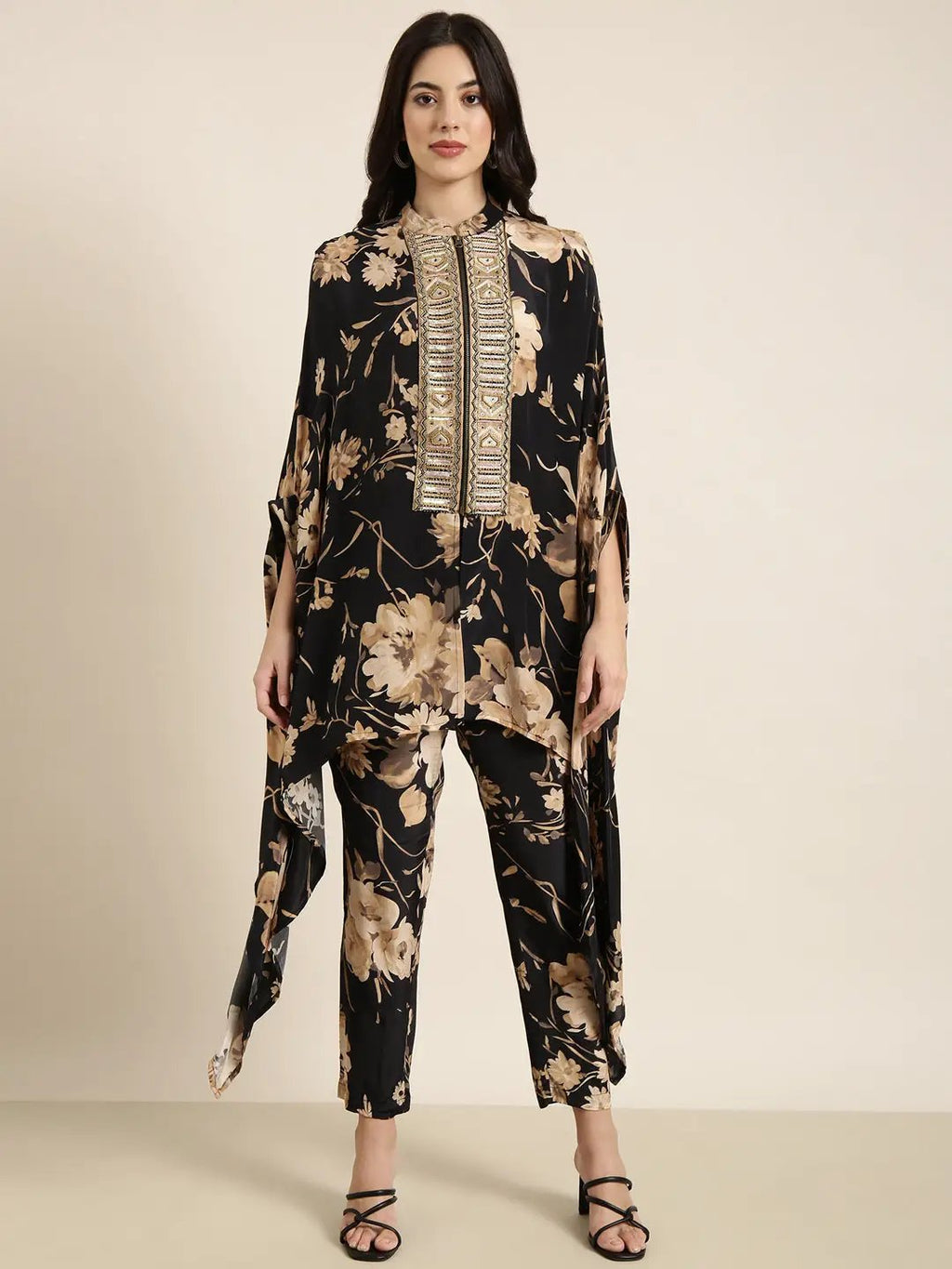 Women's Navy Blue Floral Printed Sequinned Co-ords Set