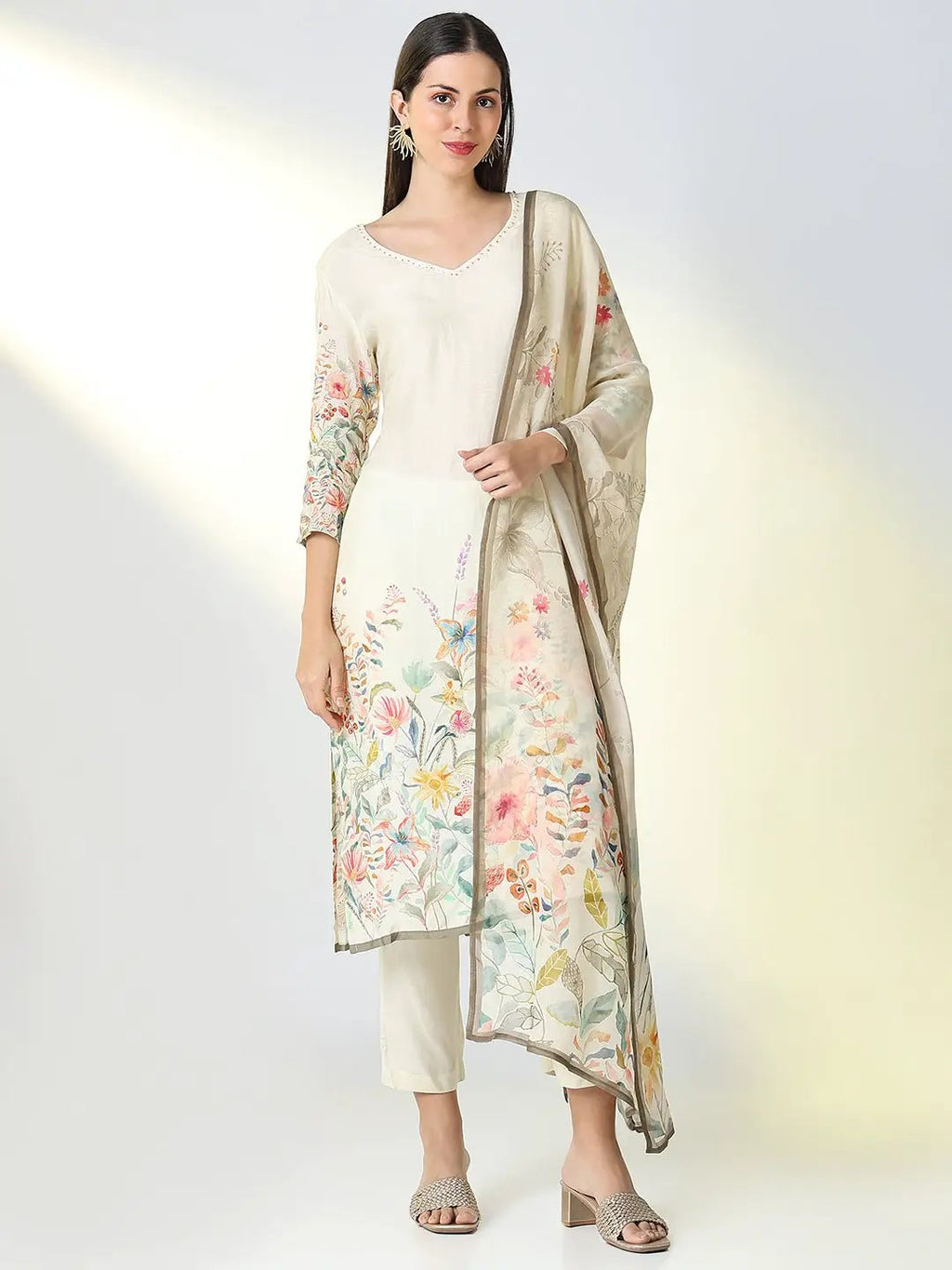 Women's Cream Floral Prints Straight Kurta Set with Dupatta