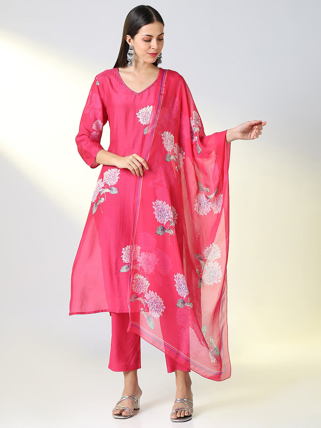 Women's Pink Floral Straight Kurta Set with Dupatta
