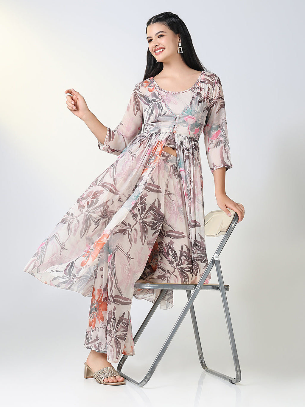 Women's Peach Floral Printed Kurta Set with Overcoat