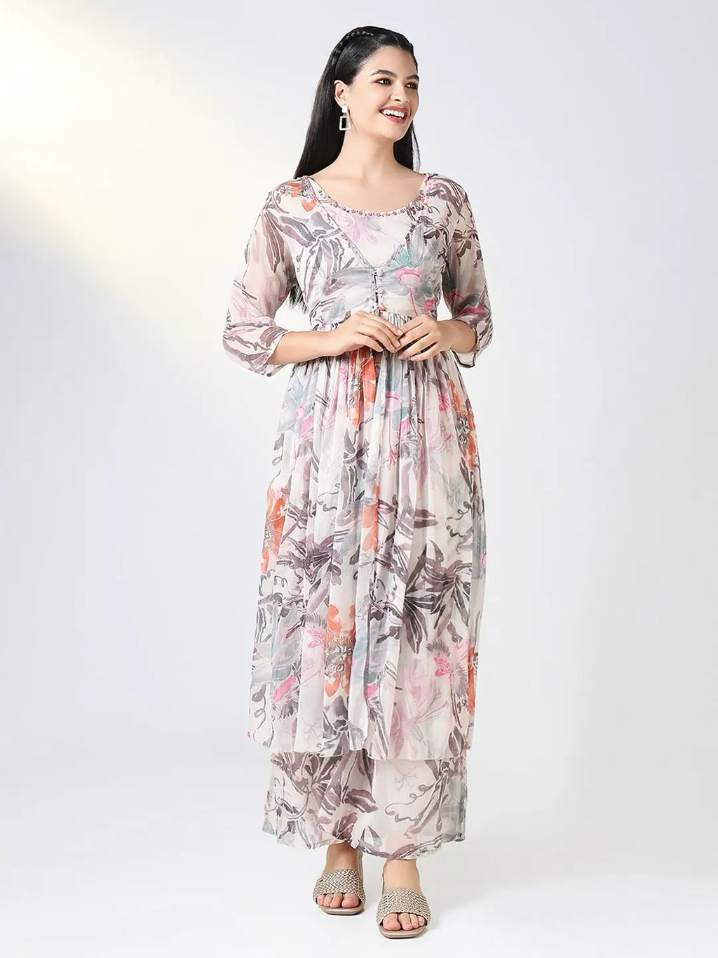 Women's Peach Floral Printed Kurta Set with Overcoat