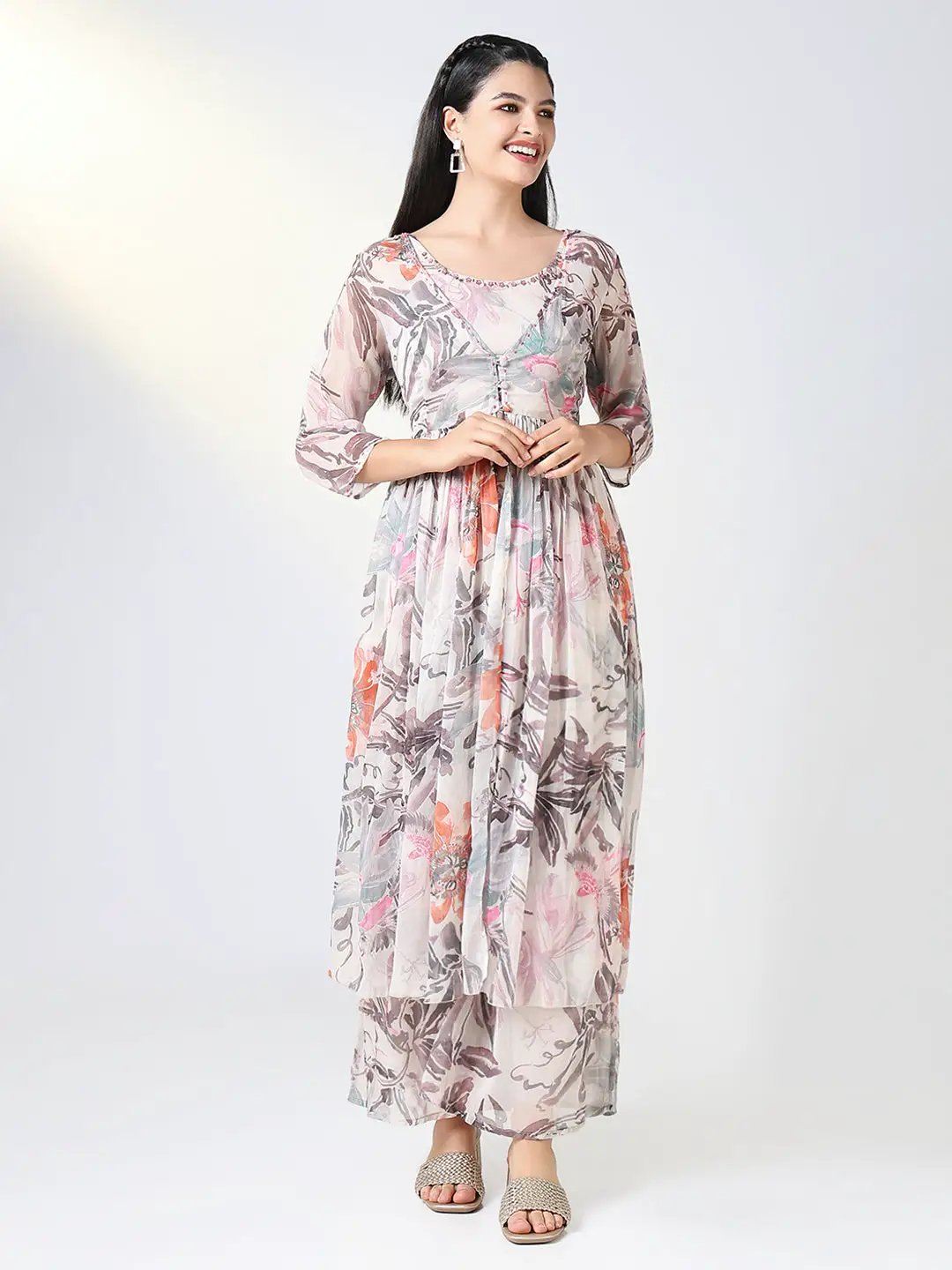 Women's Peach Floral Printed Kurta Set with Overcoat