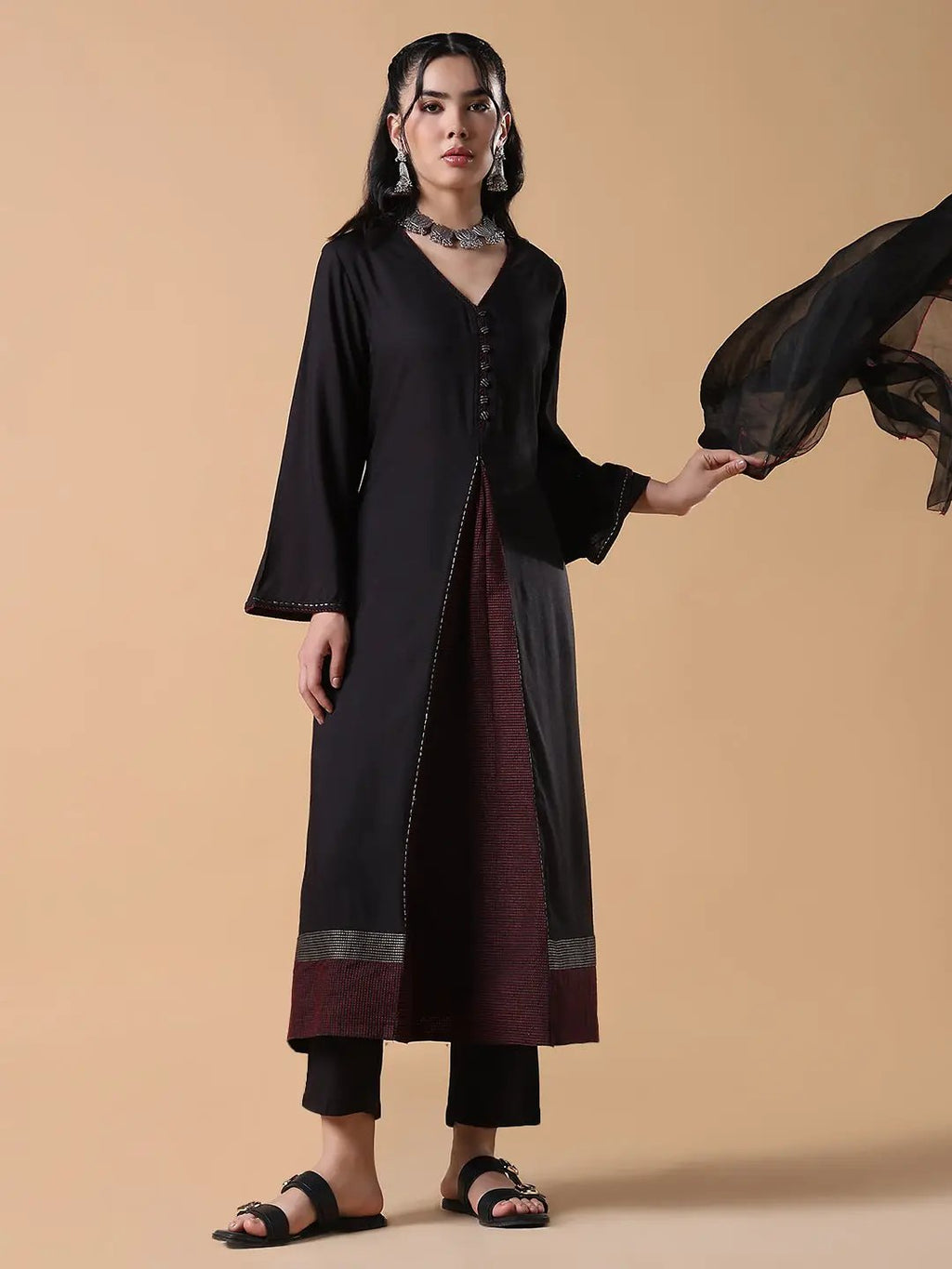 Women's Cotton Solid Anarkali Black Kurta Set with Dupatta