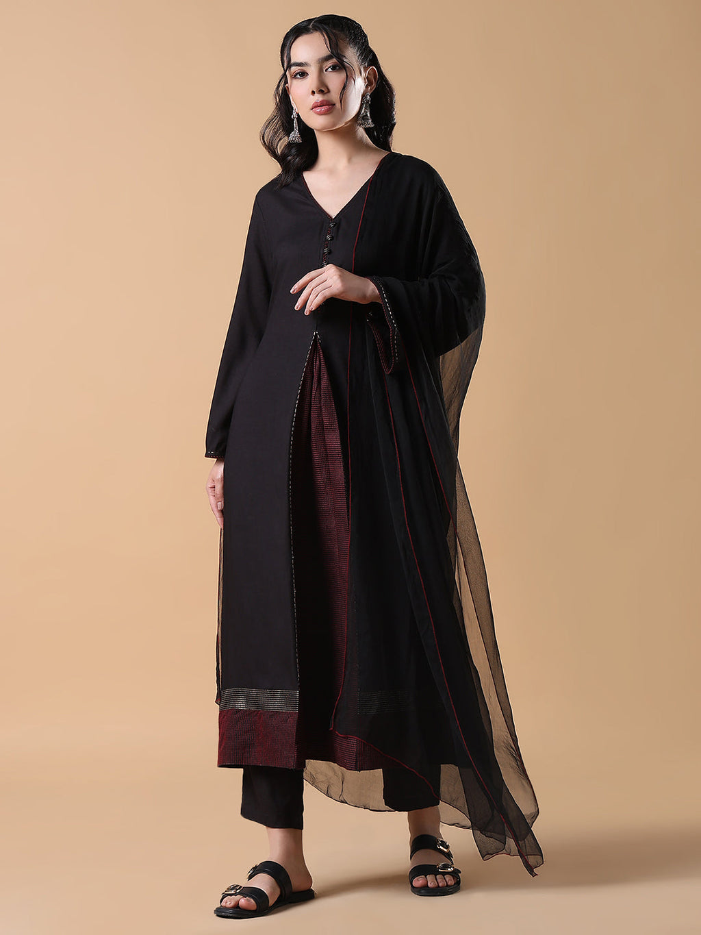 Women's Cotton Solid Anarkali Black Kurta Set with Dupatta