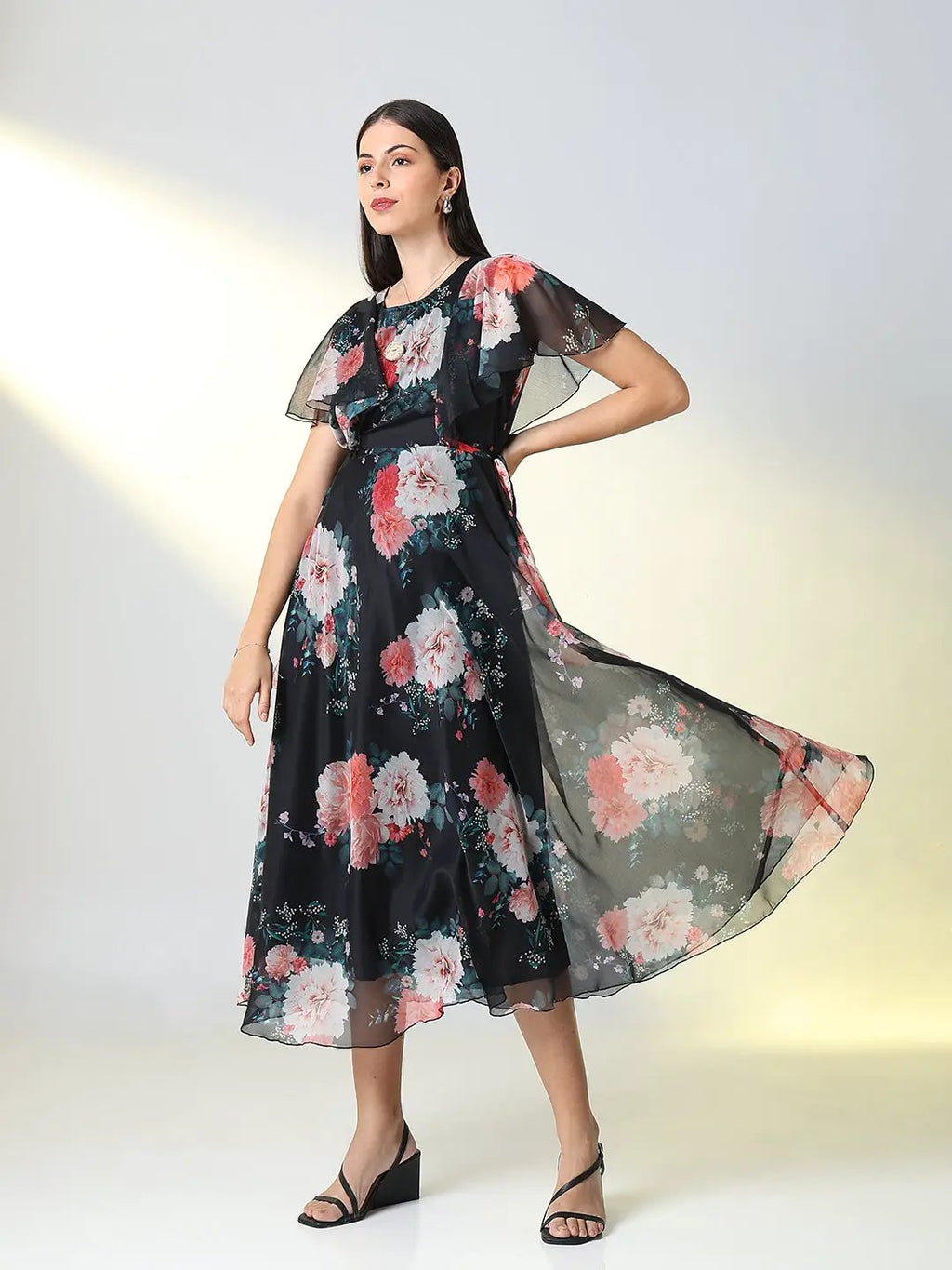Women's Black Floral A Line Dress