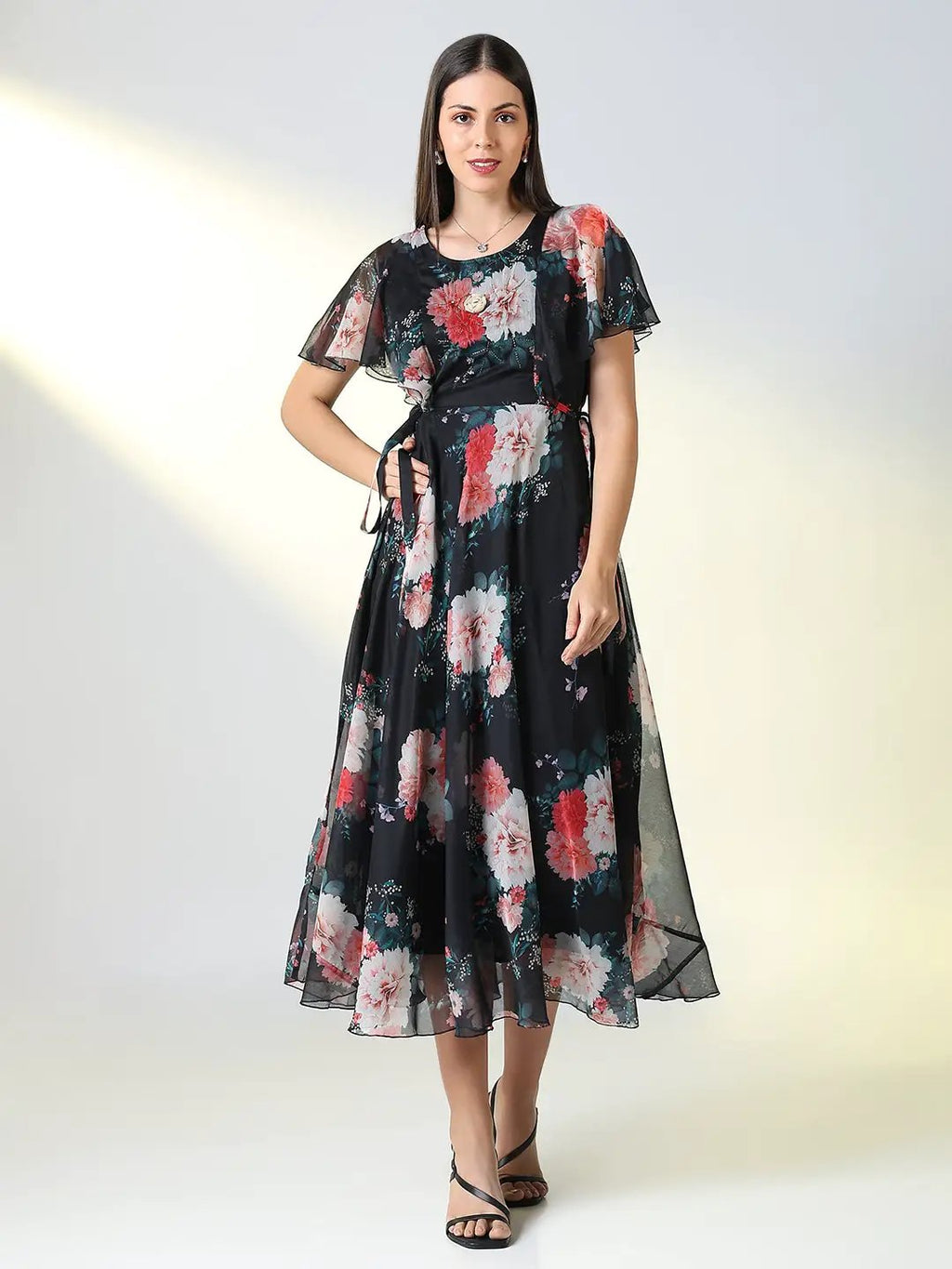 Women's Black Floral A Line Dress