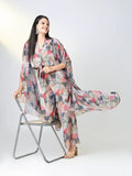 Women's Grey & Red Floral Printed Kurta Set with Overcoat