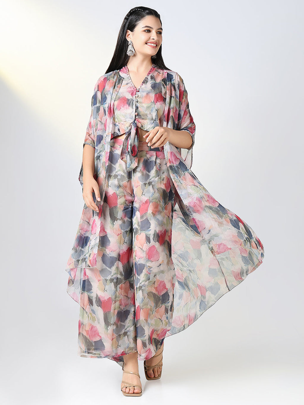 Women's Grey & Red Floral Printed Kurta Set with Overcoat