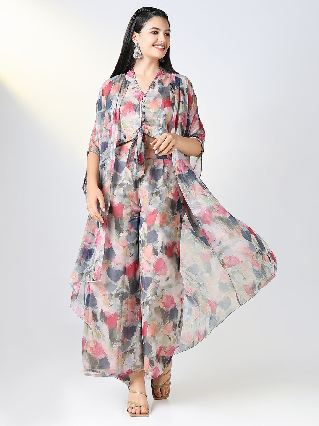 Women's Grey & Red Floral Printed Kurta Set with Overcoat