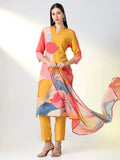 Women's Mustard Floral Straight Kurta Set with Dupatta