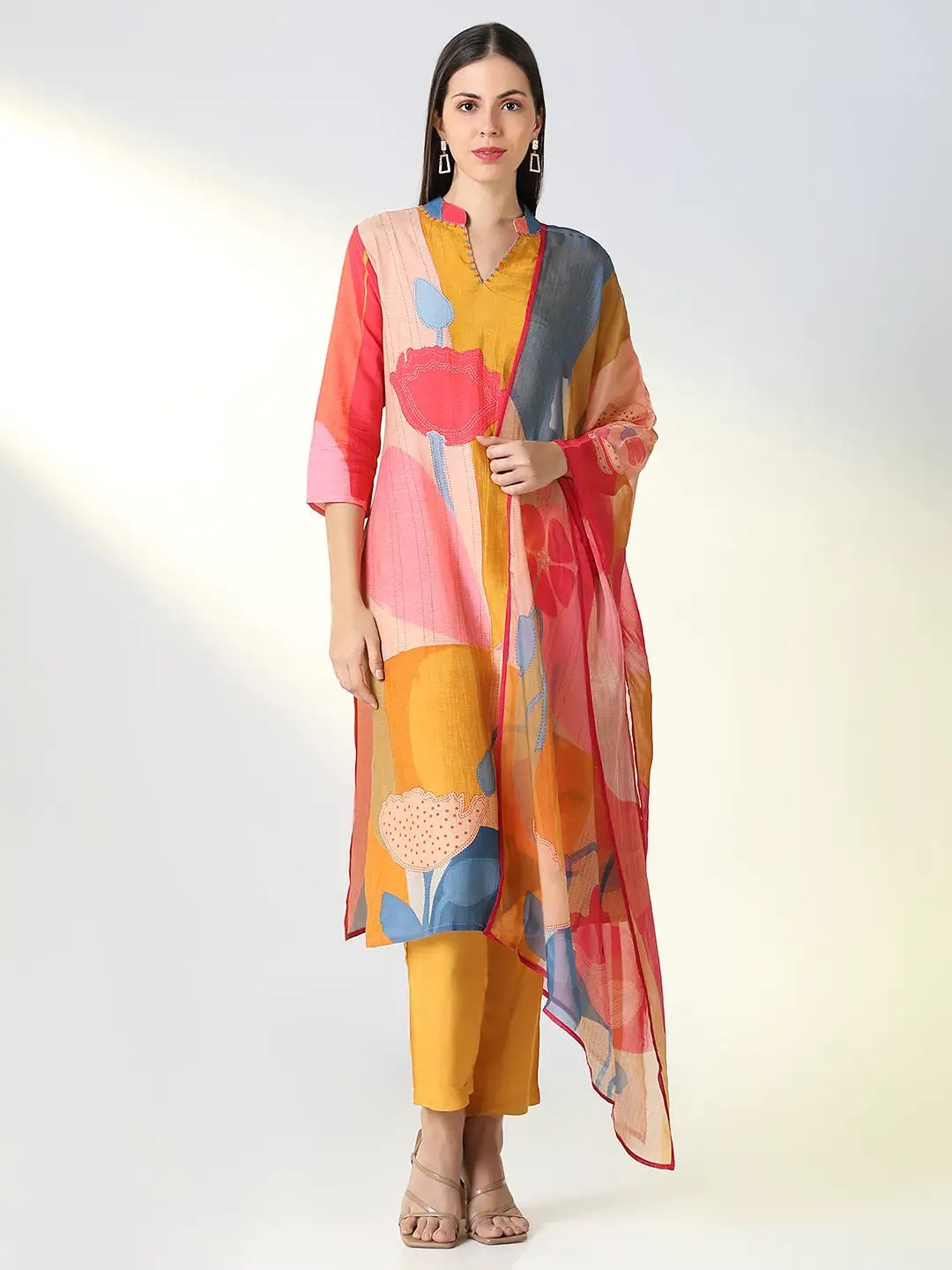 Women's Mustard Floral Straight Kurta Set with Dupatta