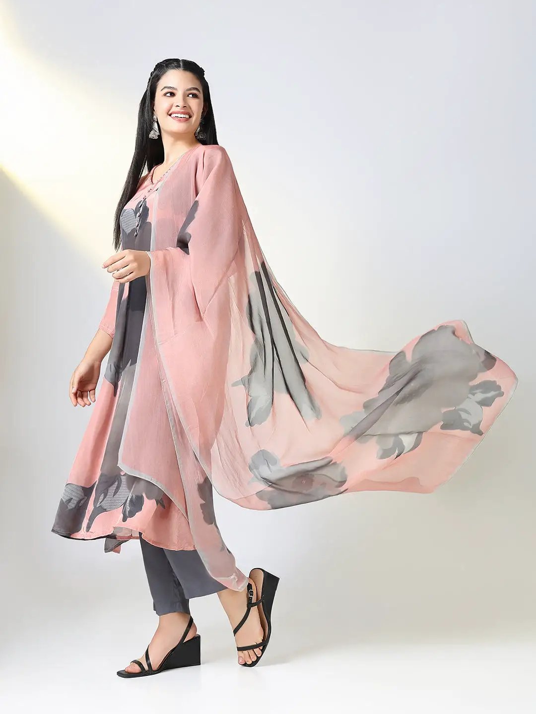 Women's Peach Floral A Line Kurta Set with Dupatta