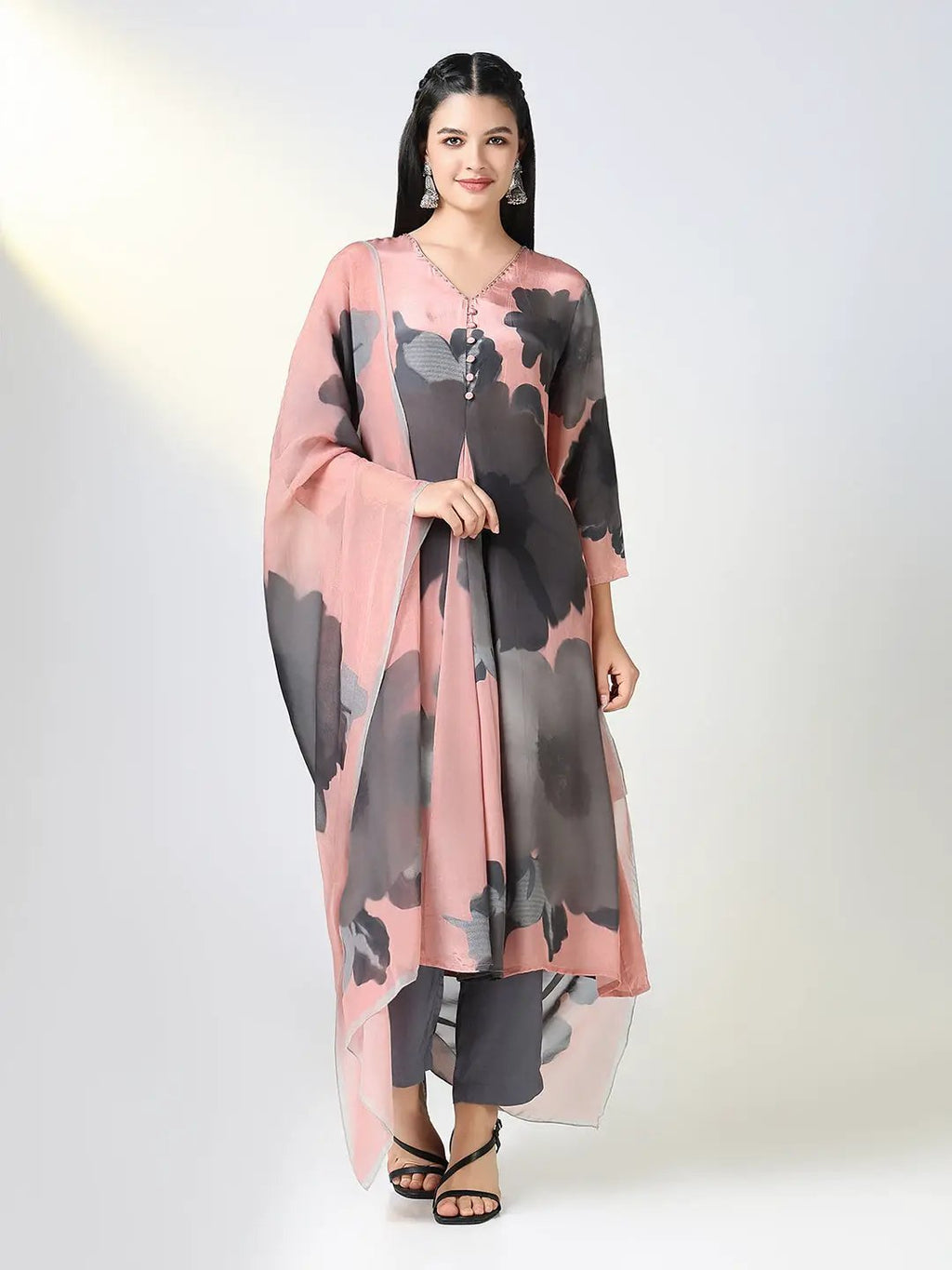 Women's Peach Floral A Line Kurta Set with Dupatta