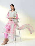 Women's Grey Floral Straight Kurta Set with Dupatta