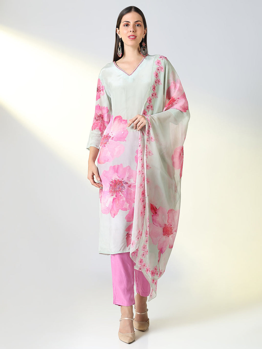 Women's Grey Floral Straight Kurta Set with Dupatta