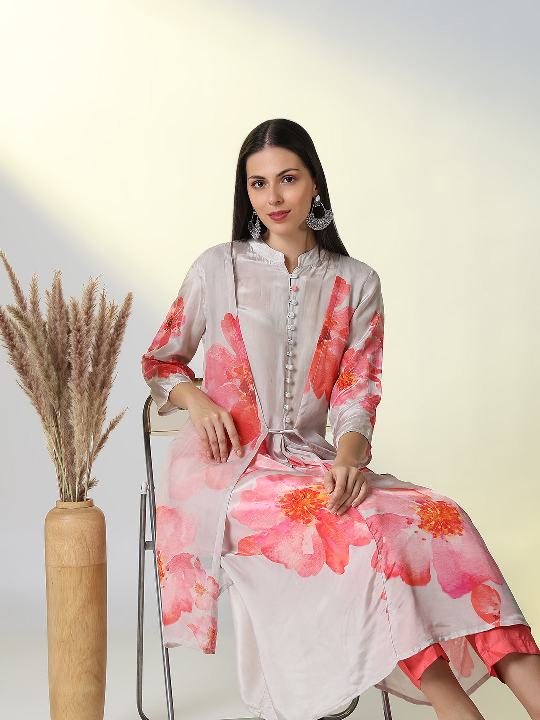 Women's Grey Floral A Line Kurta Set