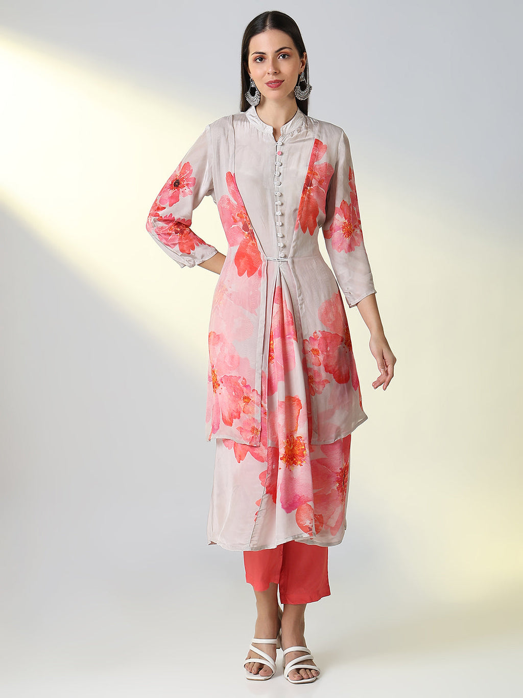 Women's Grey Floral A Line Kurta Set