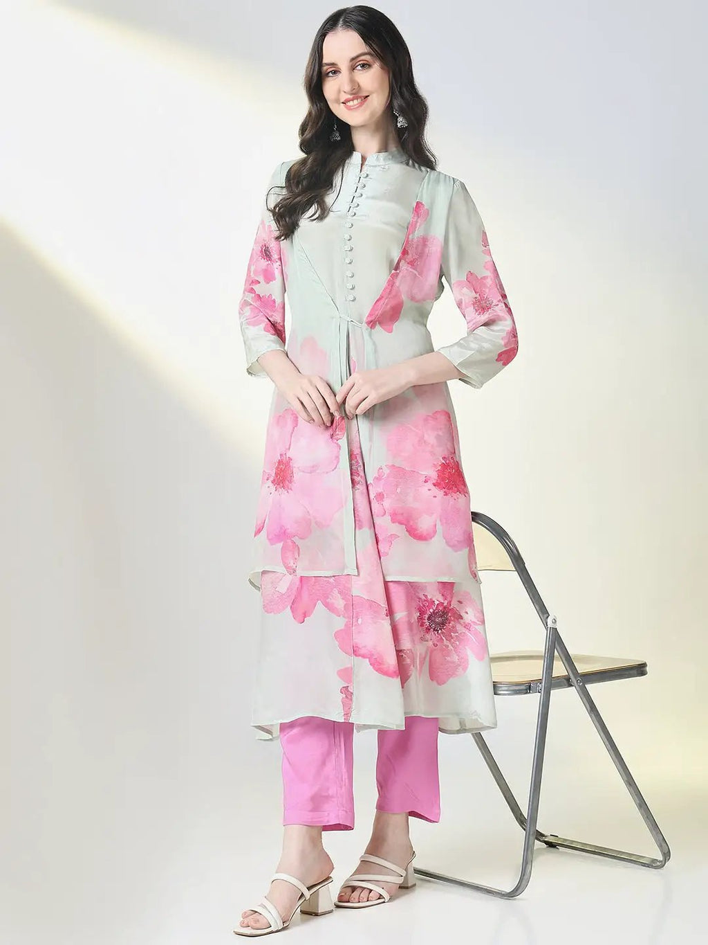 Women's Sea Green Floral A Line Kurta Set