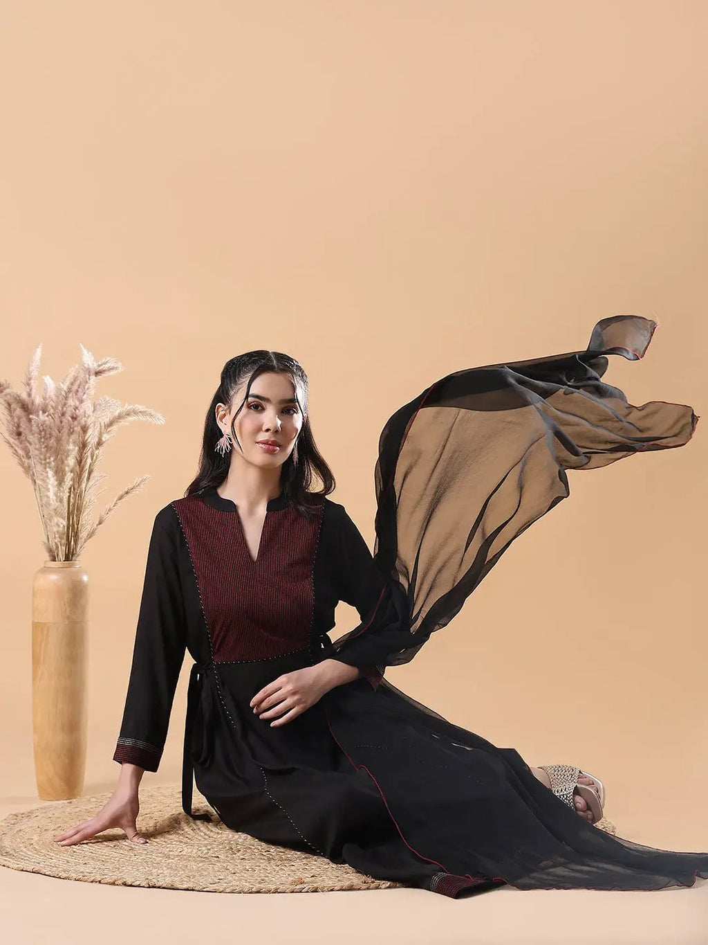 Women's Solid Anarkali Black Kurta Set with Dupatta