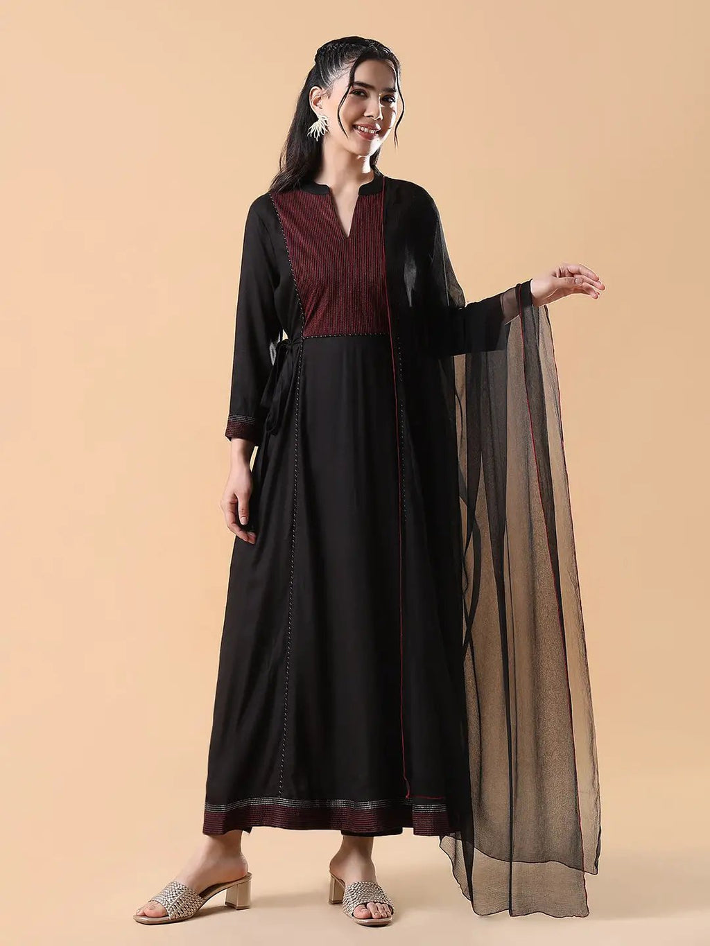 Women's Solid Anarkali Black Kurta Set with Dupatta