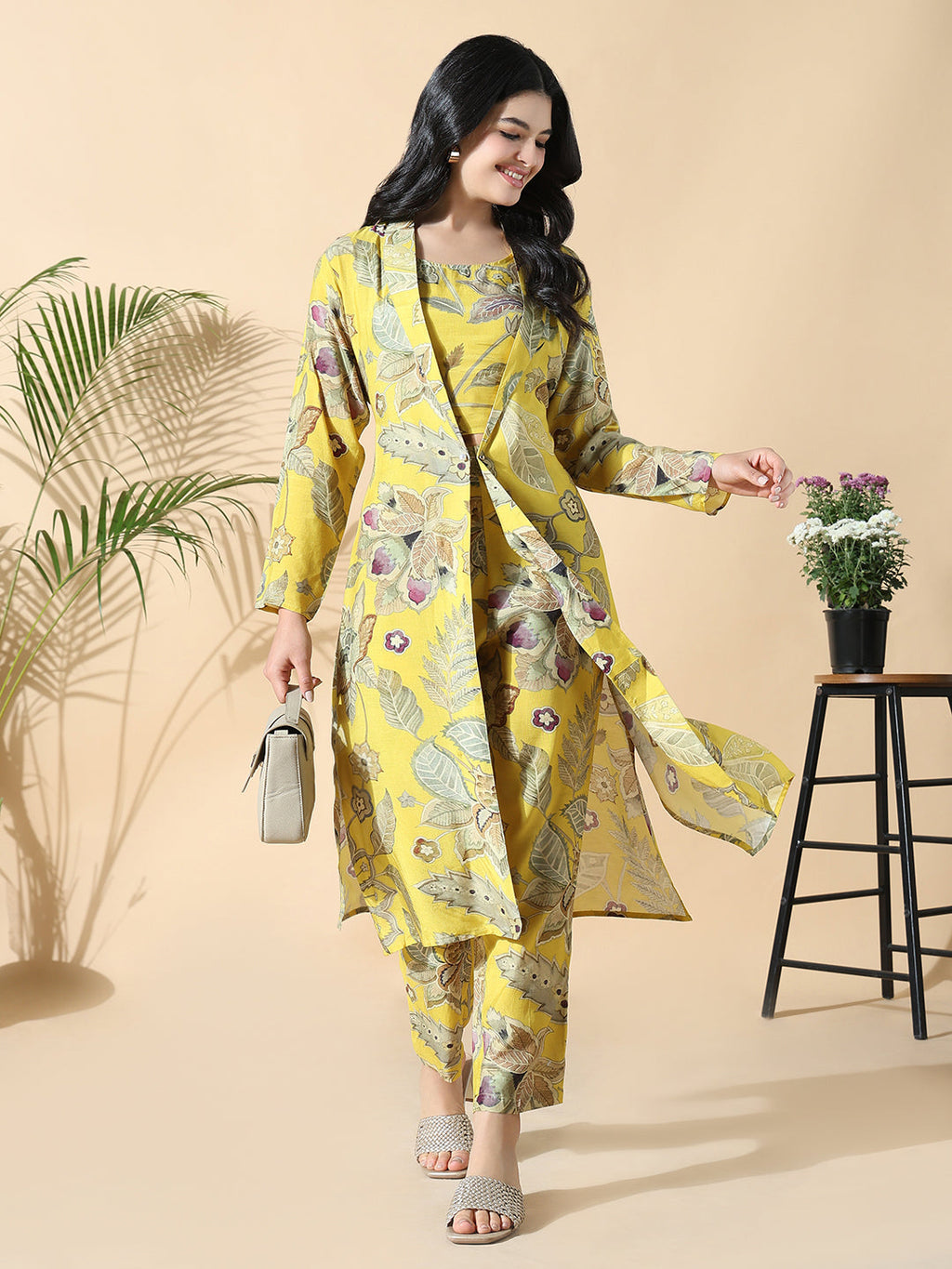 Women's Yellow Printed Kurta Set with Shrug