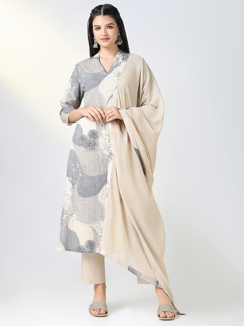 Women's Grey Floral Straight Kurta Set with Dupatta