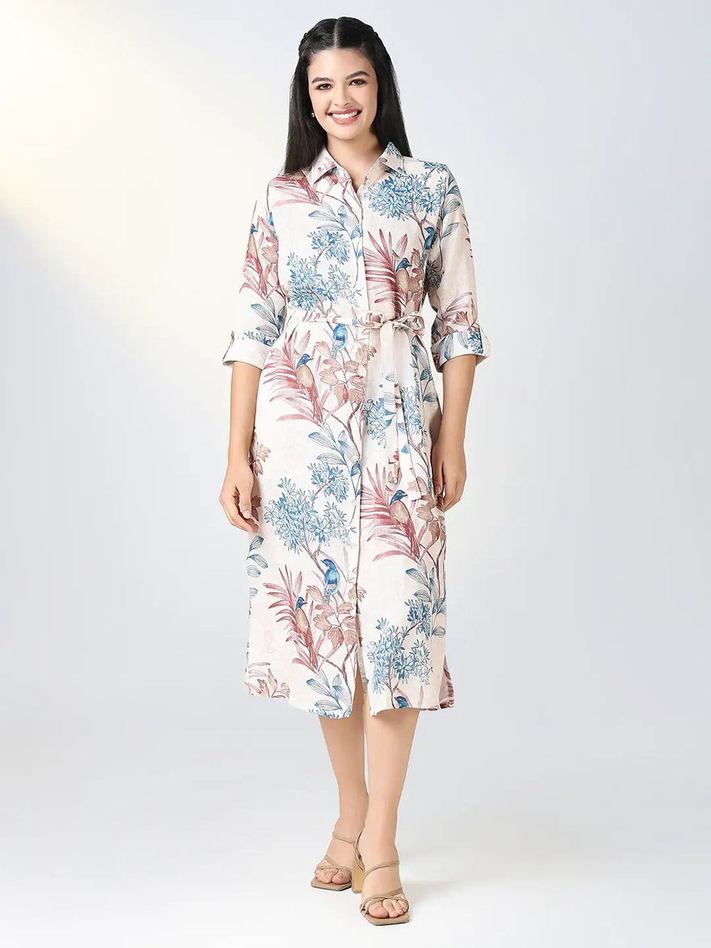 Women's Cream Floral Print Shirt Dress with Belt