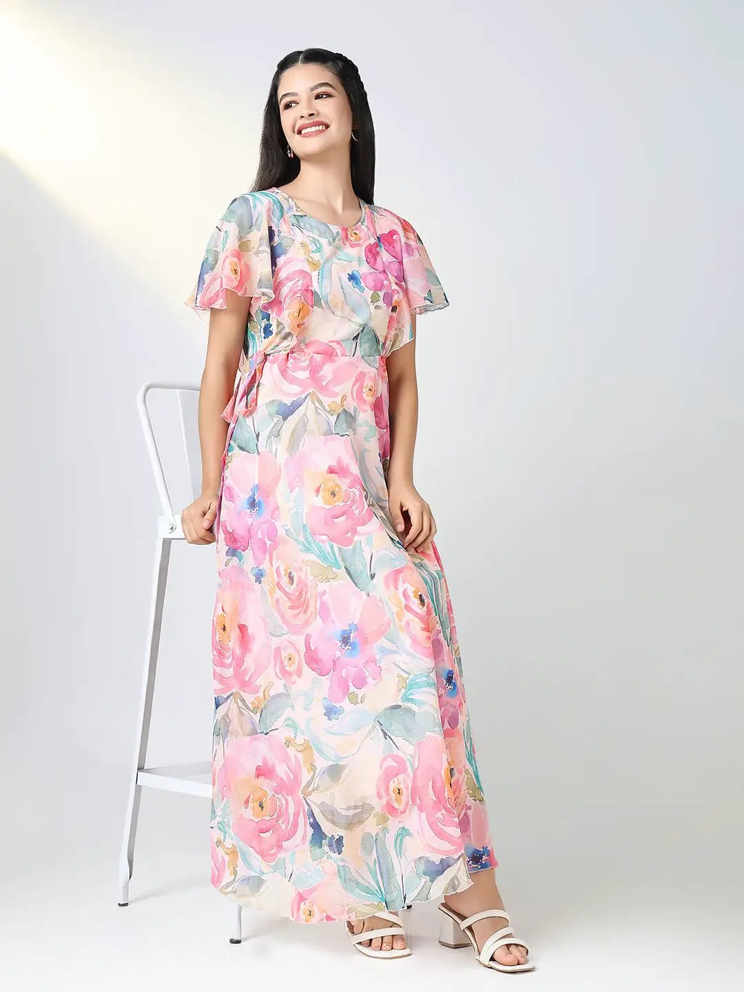 Women's Embellished Pink Floral Fit and Flare Dress