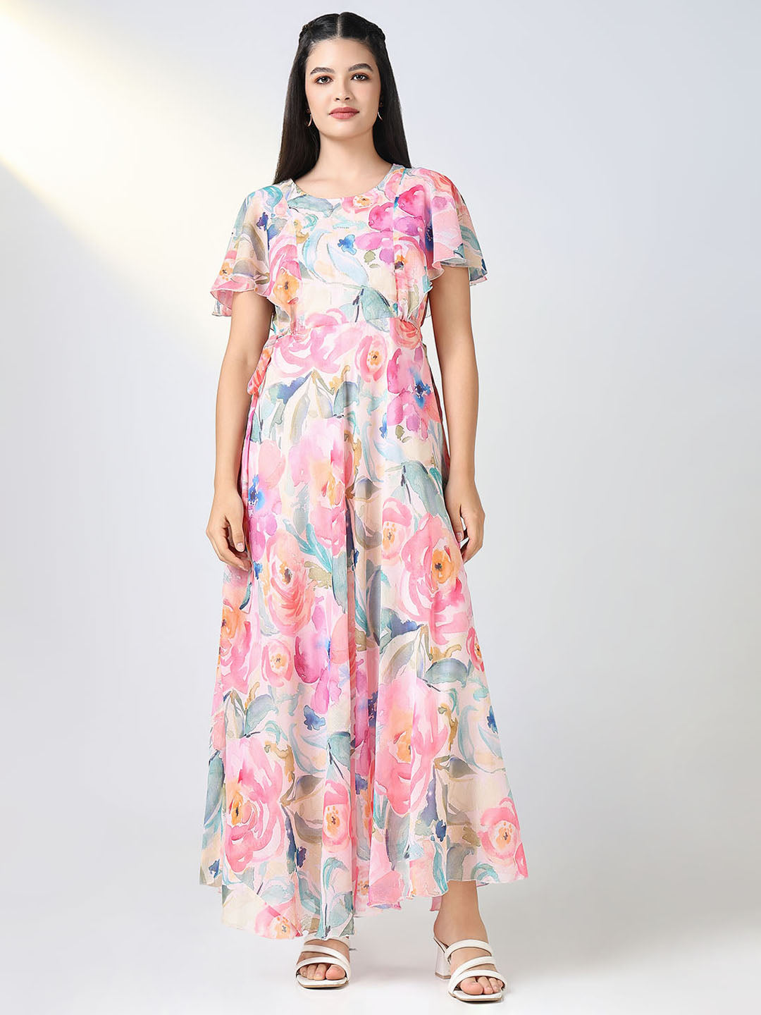 Women's Embellished Pink Floral Fit and Flare Dress