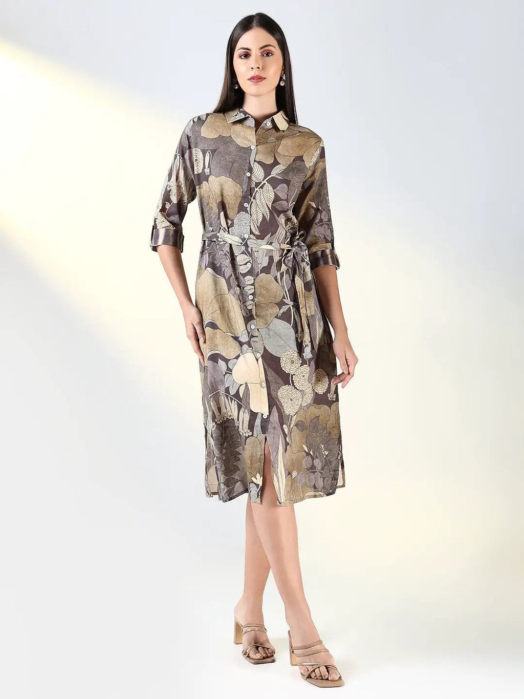 Women's Grey Floral A Line Dress with Belt