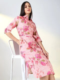Women's Pink Floral A Line Dress with Belt