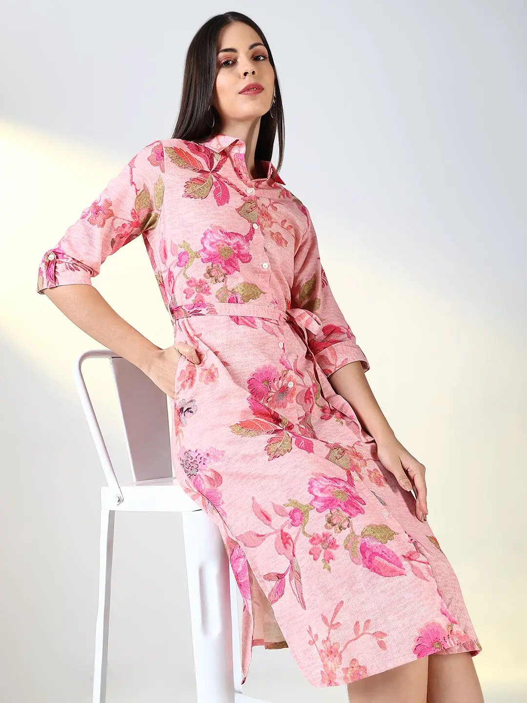 Women's Pink Floral A Line Dress with Belt