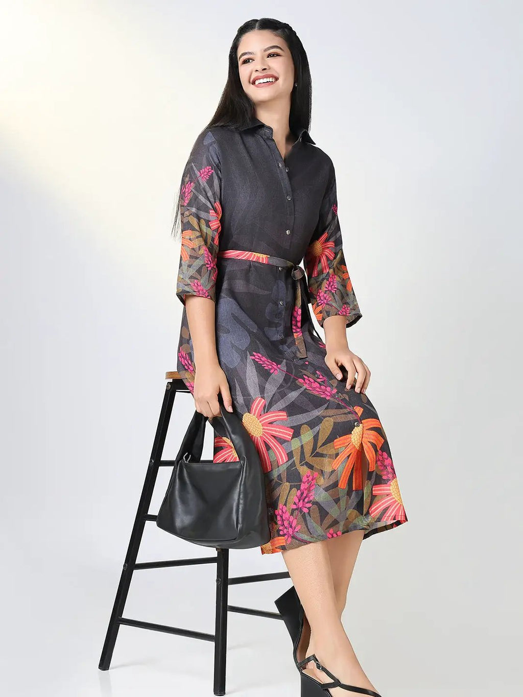 Women's Black Floral Shirt Print Dress with Belt