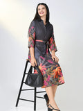 Women's Black Floral Shirt Print Dress with Belt