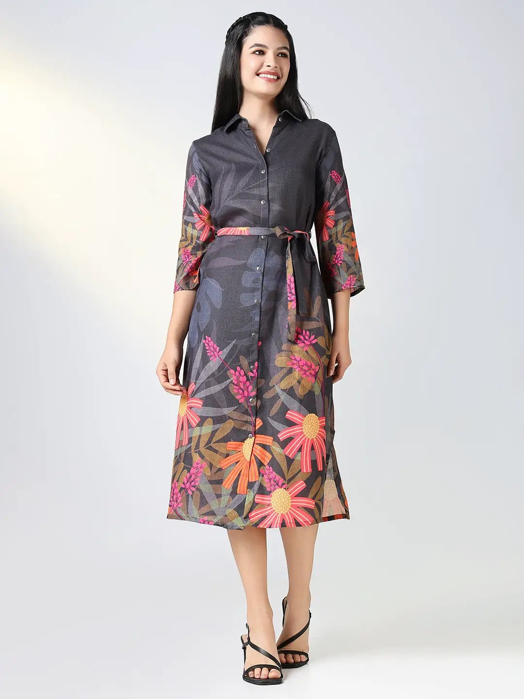 Women's Black Floral Shirt Print Dress with Belt